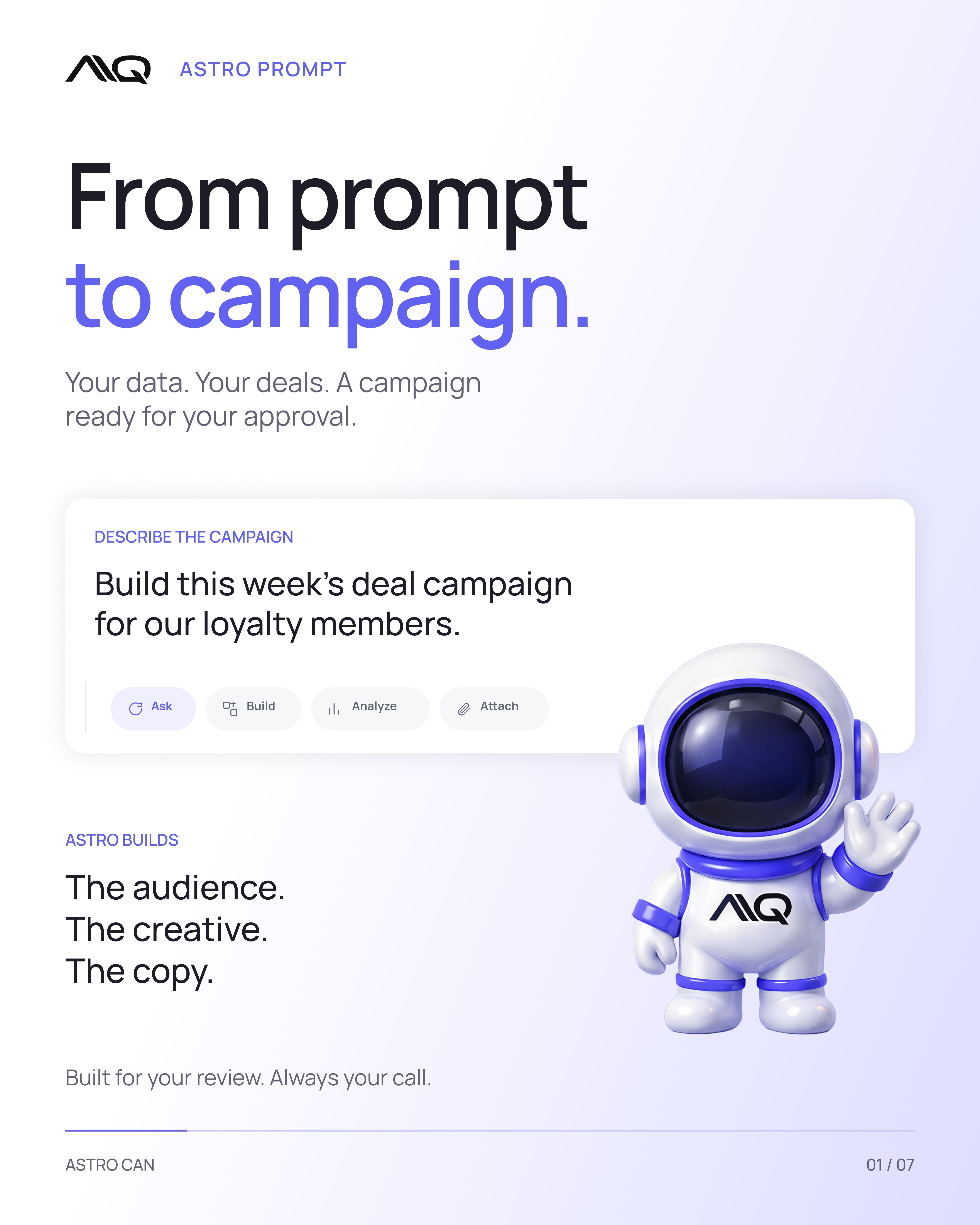 From prompt to campaign. Your data, your deals, a campaign ready for your approval.