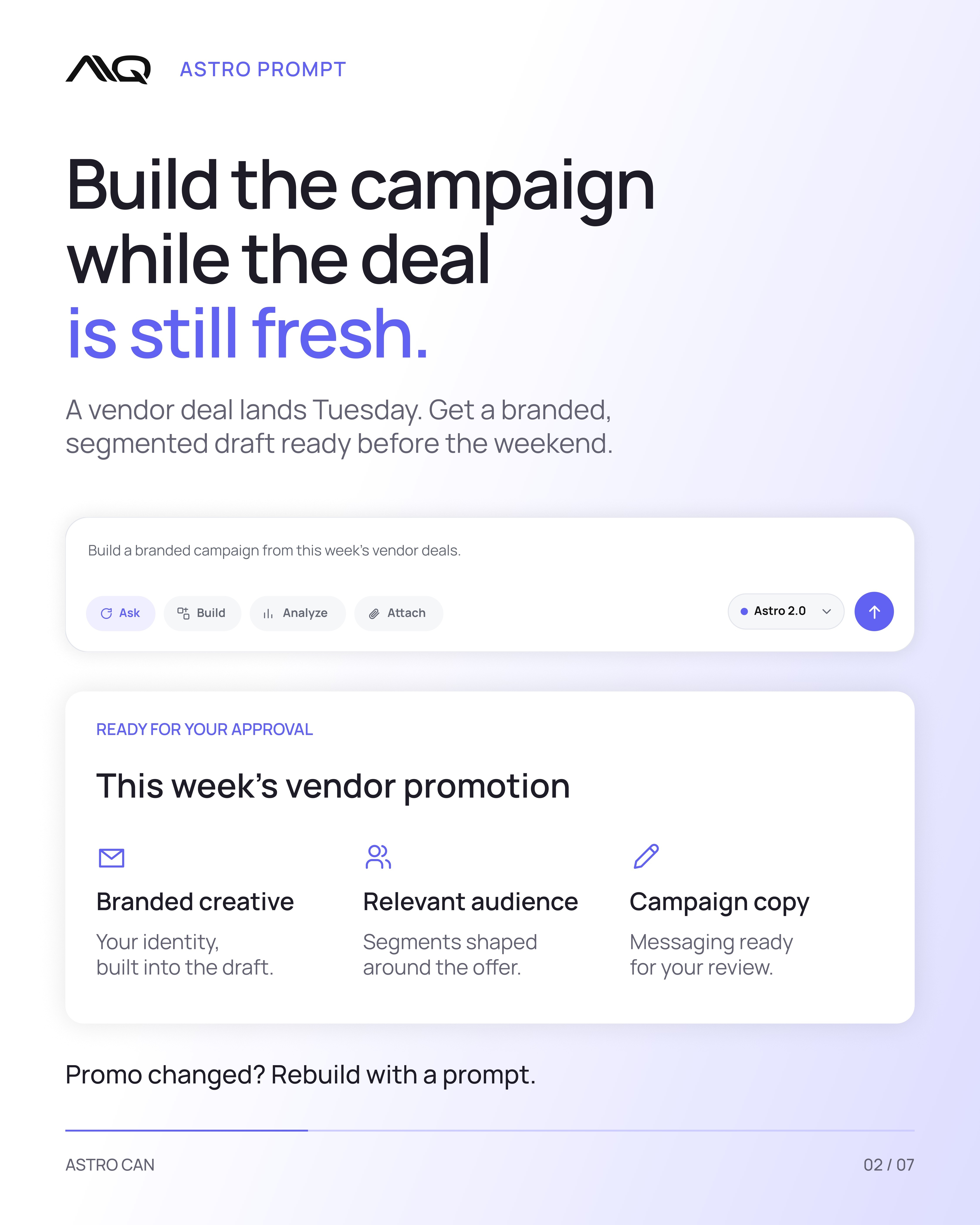Build the campaign while the deal is still fresh. Branded creative, relevant audience and campaign copy ready for approval.