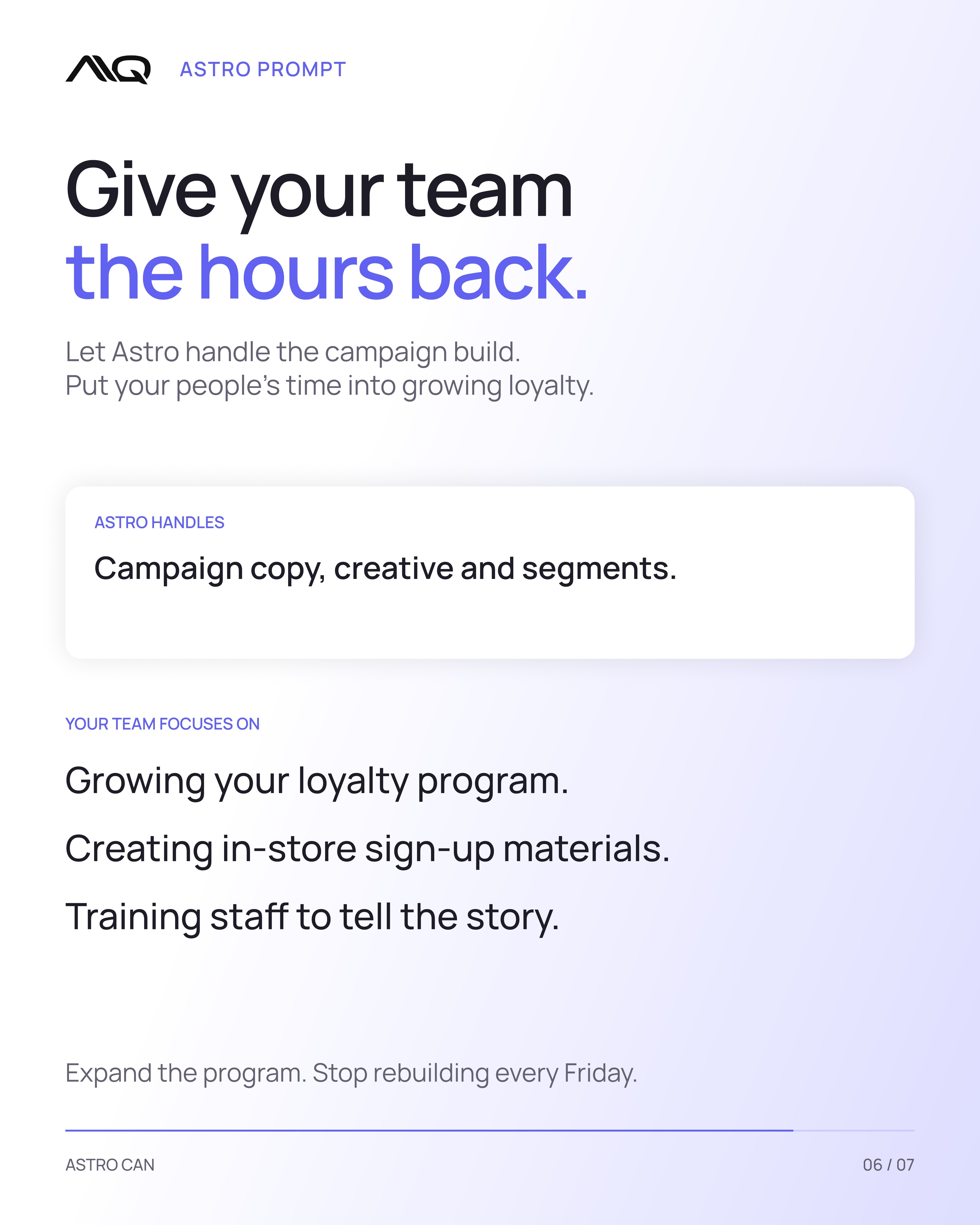 Give your team the hours back. Astro handles campaign copy, creative and segments while your team grows the loyalty program.